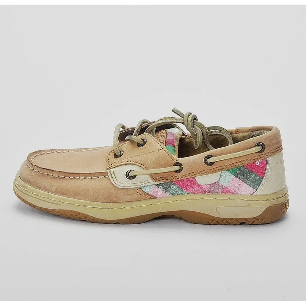 Sperry Kids Bluefish Pink / Green Plaid Sequin Boat Shoe Size 2.5